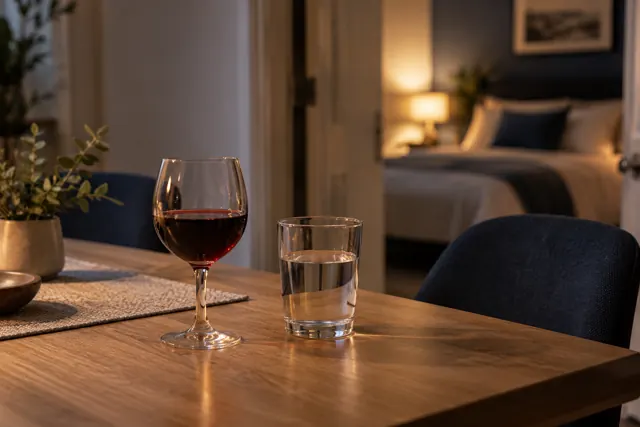 A glass of red wine beside a glass of water on a wooden table in a softly lit home