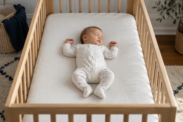 A baby asleep on its back in a wooden crib