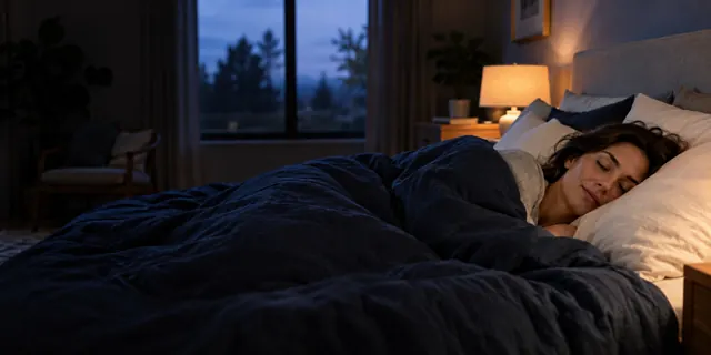 Person asleep under a navy duvet in a softly lit bedroom