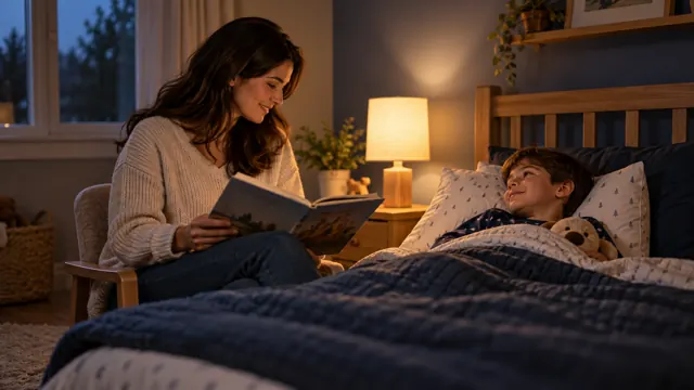 A parent reading a picture book to a child tucked up in bed