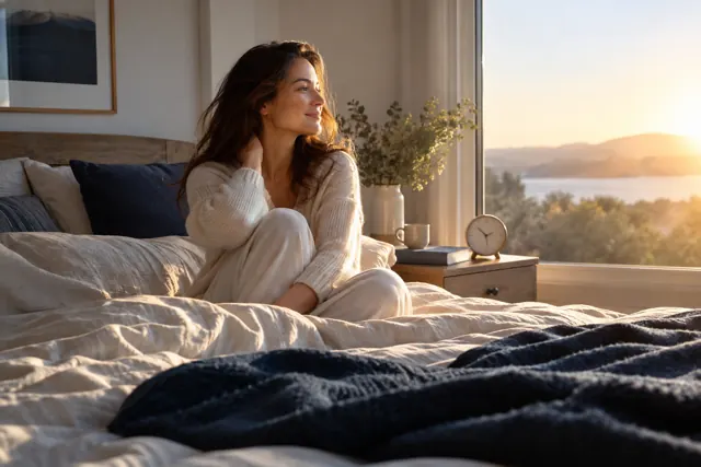 A woman sitting up in bed at sunrise and looking out of the window