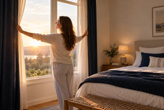 A person opening the curtains to a golden sunrise in a bedroom