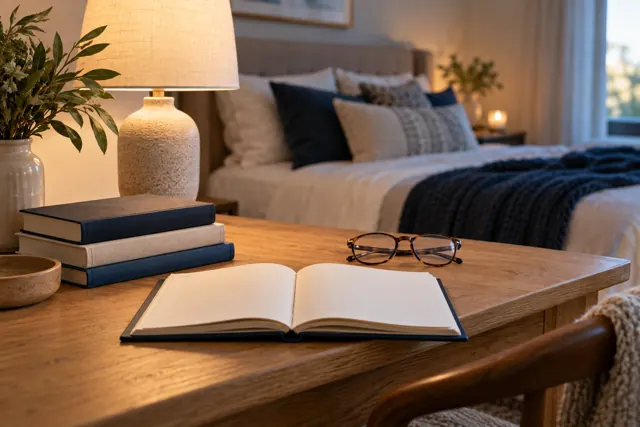 An open book and reading glasses on a table in a calm bedroom