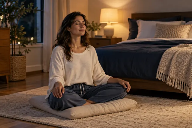 A person meditating on a floor cushion in a quiet bedroom