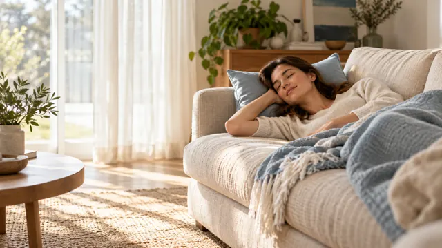 A woman napping on a sofa under a light blanket in the afternoon