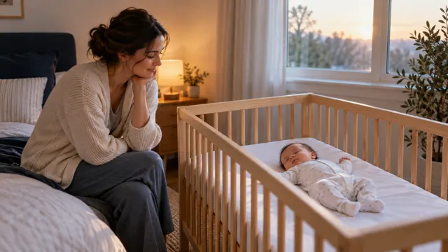 A parent resting beside a crib at night, watching a baby sleep