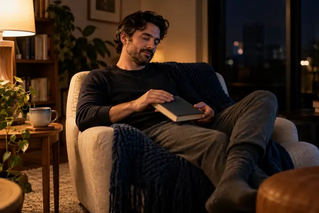 Person reading in an armchair in a dim, warm room at night