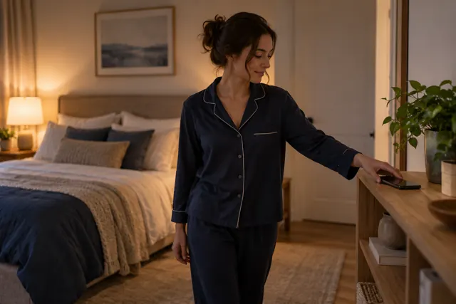 A woman in pyjamas putting her phone down on a shelf before bed