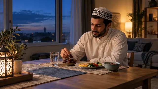 A man in a kufi eating a meal at a table at dusk, with a lantern nearby