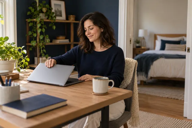 A woman working at a laptop with a mug on a desk in a home office