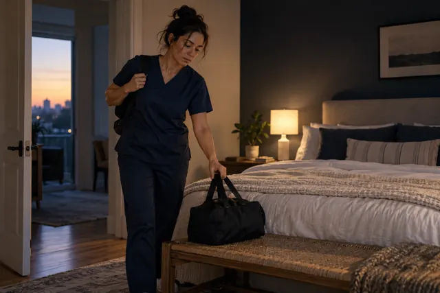 A person in scrubs carrying a duffel bag through a bedroom at dusk