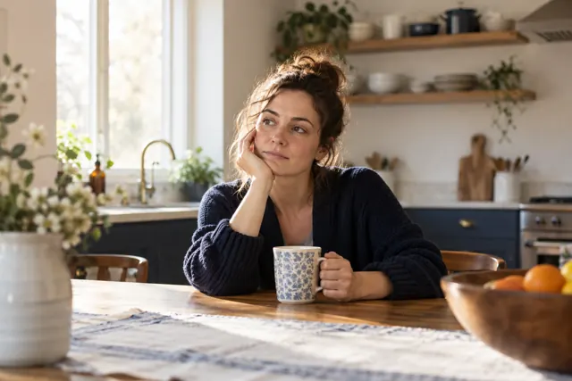 A tired woman resting her chin on her hand at a kitchen table with a mug