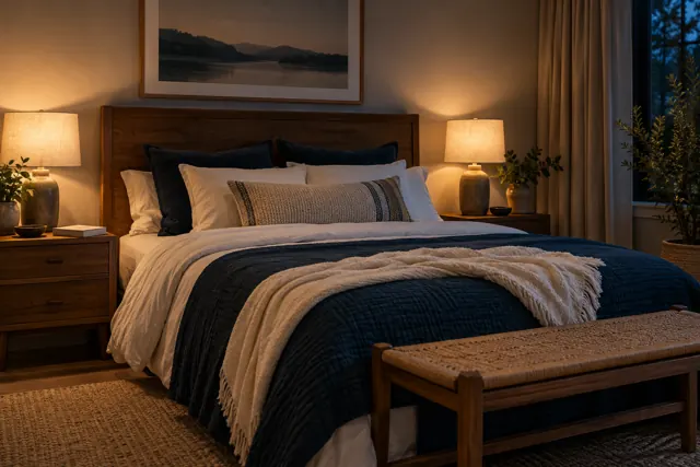 A tidy bedroom at night with a made bed and warm bedside lamps