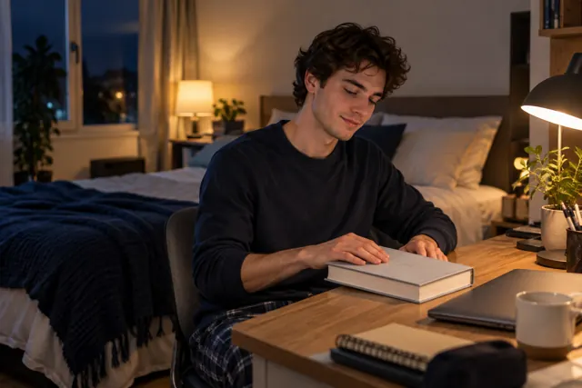A young man studying at a desk with books and a laptop in the evening