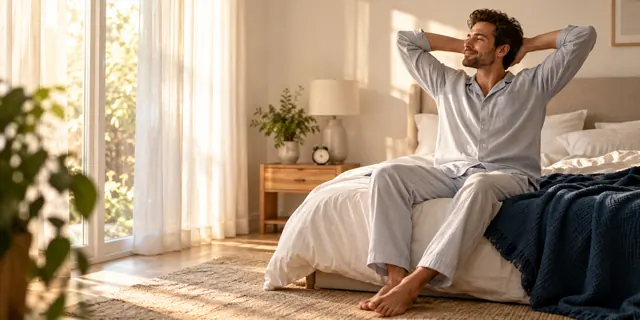 A man stretching in bed after waking in a bright bedroom