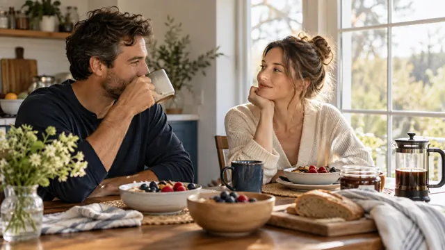 A couple sharing a relaxed breakfast at a table by a sunny window